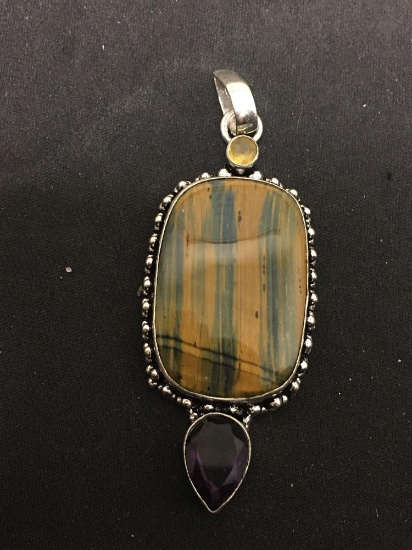 Large Cushion Tiger's Eye Cabochon w/ Pear Faceted Amethyst & Round Citrine Accents 2.5in Long