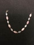 Alternating Oval Pink & Blue Mother of Pearl Inlay 6mm Wide 8in Long Sterling Silver Tennis Bracelet