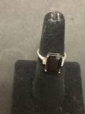 Emerald Cut Faceted 11x9mm Garnet Center w/ Diamond Accent Sides Signed Designer Sterling Silver