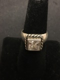 Princess Faceted 7x7mm Bezel Set Rope Framed Zircon Center Signed Designer Sterling Silver Ring