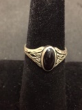 Oval 10x5mm Onyx Cabochon Inlay Filigree Decorated Vintage Signed Designer Sterling Silver Ring