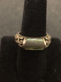 FAS Designed Filigree Decorated Barrel Fashioned Abalone Inlay 8mm Wide Tapered Sterling Silver Ring