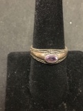 Rope Detailed Oval Faceted 6x4mm Horizontal Set Amethyst Sterling Silver Ring Band-Size 8