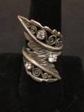 Israeli Made Large 35mm Wide Filigree Leaf Design w/ Triple Zircon Accents Sterling Silver Ring