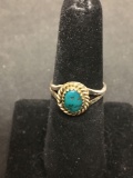Rope Detailed Oval 6x4mm Turquoise Cabochon Split Shank Sterling Silver Ring Band-Size 6.5
