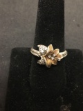 Horizontal Set Zircon Accented Two-Tone Lotus Blossom Designed 13mm Tapered Sterling Silver Ring