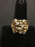 Multi Twisted Ribbon Designed 19mm Wide Tapered Staggered Zircon Accented Gold-Tone Signed Designer