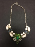 Multi-Colored Faceted Gemstones W/ Druzy Accent & Mabe Pearls Stamped 925 Nickel Silver Necklace