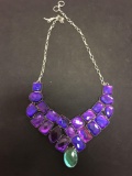 Brilliant Foil Backed Purple Faceted Resin Gem w/ Blue Oval Drop Stamped 925 Nickel Silver Necklace