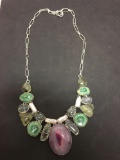 Dyed Purple Oval Agate Cabochon Center w/ Green Druzy, Quartz & Mabe Pearl Accent Stamped 925 Nickel