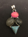 Triangular Turquoise, Labradorite, Rutilated Quartz Doublet & Pink Gem Cabochon 2in Long Stamped 925