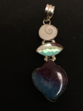 Rough Shaped Dyed Blue & Purple Druzy Slice w/ Shiva Shell & Marquise Gem Accent 2.5in Long Stamped