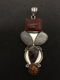 Round Amber, Banded Amethyst Teardrop, Oval Moonstone & Rectangular Carnelian Onyx Cabochon Accented