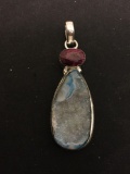 Teardrop Dyed Ocean Blue Druzy w/ Oval Faceted Ruby Accent 2.5in Long Stamped 925 Nickel Silver