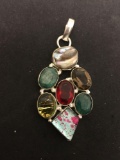 Foil Accented Glass Cabochon w/ Smokey Topaz, Oval Faceted Emerald & Mabe Pearl 2.5in Long Stamped