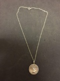 Signed Designer Round 1in Handmade Tree of Life Motif Sterling Silver Pendant w/ 16in Cable Chain