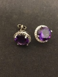 Round Faceted 10mm Amethyst w/ Faux Diamond Halo Pair of Sterling Silver Button Earrings