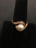 Signed Designer Round 8mm White Pearl Center w/ Channel Set Diamond Bypass Halo 14kt Rose Gold Ring