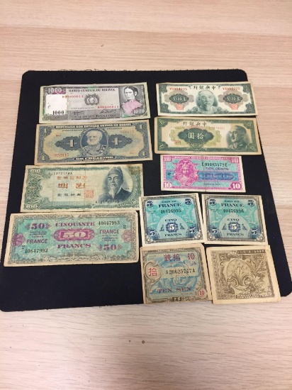 Lot of 11 Vintage Foreign Currency Bill Notes From Around The World