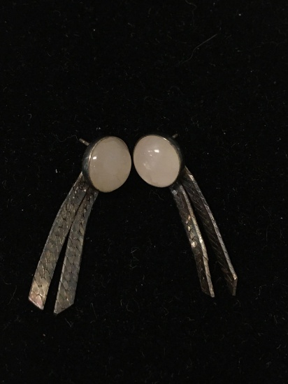 Round Rose Quartz Cabochon Featured w/ Serpentine Drop Ribbons 1.5in Long Pair of Sterling Silver