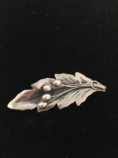 Taxco Mexican Made Leaf & Berry Motif 3in Long Sterling Silver Brooch