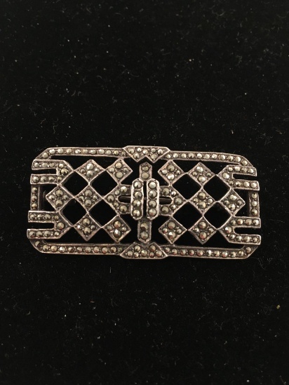 Marcasite Accented Rectangular 2x1in Vintage Design Sterling Silver Brooch