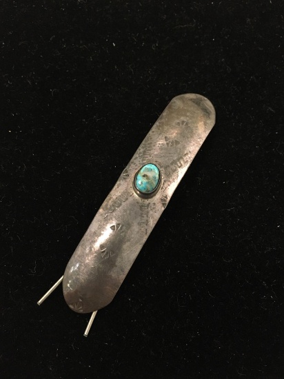 RARE Old Pawn Native American Carved Sterling Silver & Turquoise Long Hair Barrette