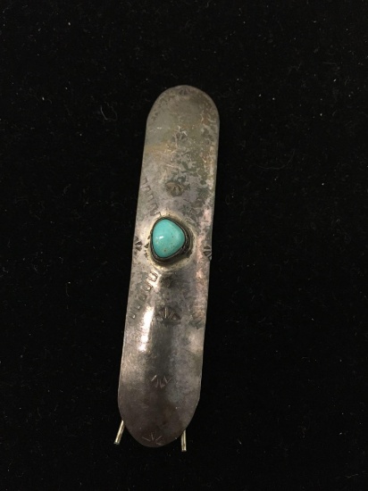 RARE Old Pawn Native American Carved Sterling Silver & Turquoise Long Hair Barrette