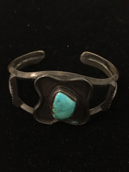 Old Pawn Signed M Native American Turquoise Chunk Sterling Silver Large Cuff Bracelet - 28 Grams