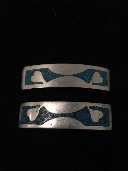 Old Pawn Taxco Inlaid Turquoise Chip Sterling Silver Pair of Hair Barrettes