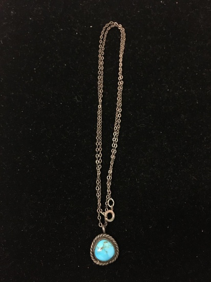 Old Pawn Native Sterling Silver & Turquoise Chunk Pendant W/ Silver Chain Necklace