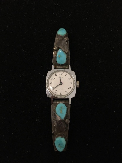 Native American Sterling Silver & Turquoise Leaf Design Watch Wing Tips Bands W/ Timex Vintage Watch