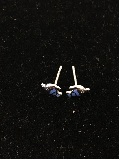Petite Enameled Goldfish Motif Pair of Signed Designer Sterling Silver Stud Earrings