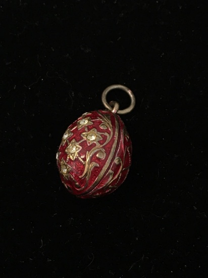 Cz Studded Red Enameled Faberge Egg Design 0.75in Tall Gold-Tone Sterling Silver Pendant