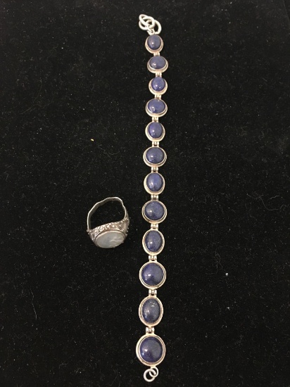 Lot of Two Worn Sterling Silver Items, One 8in Lapis Accented Bracelet w/ Broken Clasp & Bent Mother