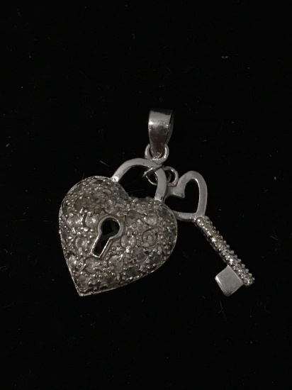 CZ Studded Puffy Heart Lock Motif w/ Skeleton Key Charm 1.25in Tall Sterling Silver Pendant