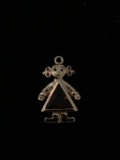 Gold Tone Girl with Orange Red Stone Sterling Silver Charm Pendant