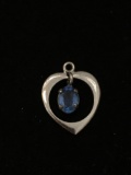Heart with Dangly Blue Stone in Middle Sterling Silver Charm Pendant