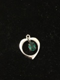 Designed Heart with Hanging Green Stone Sterling Silver Charm Pendant
