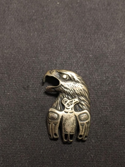 Old Pawn Native American Style Eagle & Totem 27mm Tall Signed Designer Sterling Silver Pendant