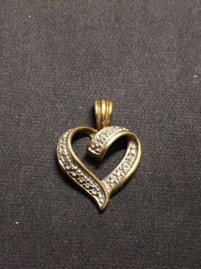 Two-Tone Diamond Accented 22mm Tall Ribbon Heart Sterling Silver Pendant