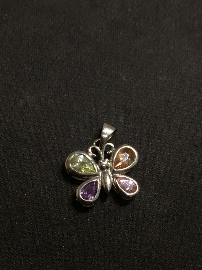 Multi-Colored Four Pear Faceted Gems Sterling Silver Butterfly Pendant