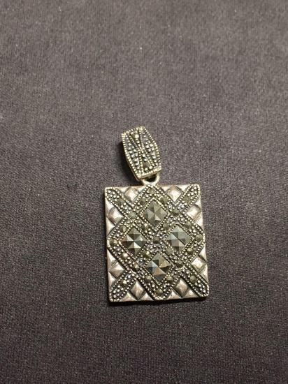 Milgrain & Marcasite Accented 1.5in Tall Rectangular Sterling Silver Pendant