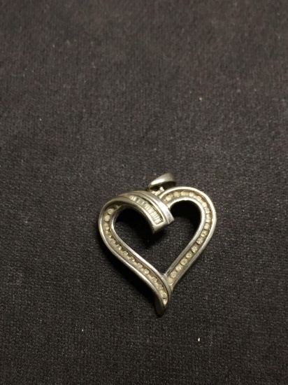 JWBR Designed 21mm Tall Round & Baguette CZ Accented Sterling Silver Ribbon Heart Pendant