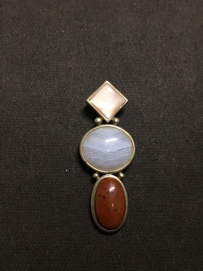 Signed Designer 2in Tall Sterling Silver Pendant w/ Jasper, Banded Agate & Mother of Pearl Cabochon