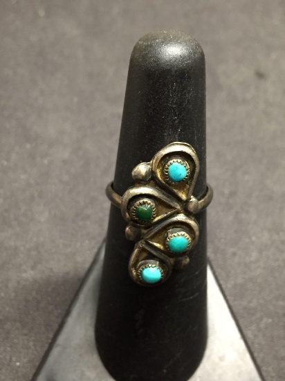 Four Round Turquoise Cabochon Accented 25mm Wide Old Pawn Native American Style Sterling Silver Ring
