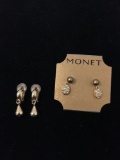 Lot of Two Gold-Tone Bead Ball Accented Pairs of Alloy Fashion Earrings, One Pair Monet Brand