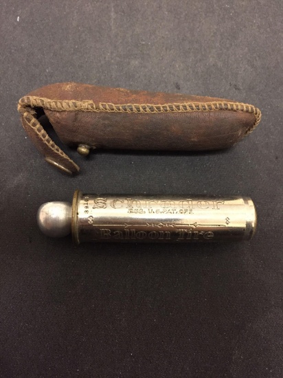 Vintage Schrader Balloon Tire Pressure Gauge In Leather Pouch - Brooklyn New York