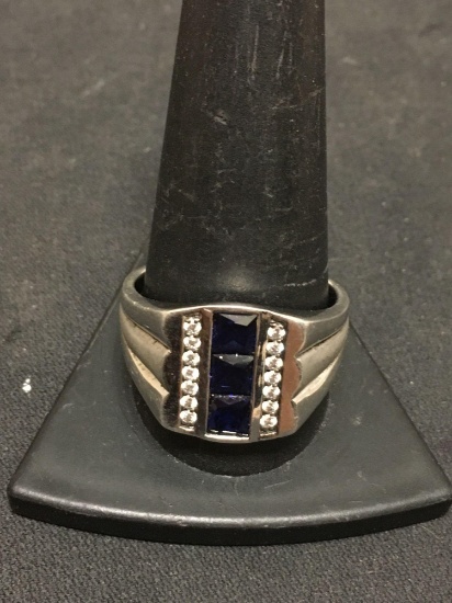 Stauer Designed 15mm Wide Tapered Sterling Silver Ring Band w/ Brilliant Created Blue Sapphires & CZ