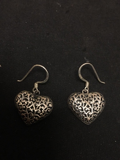 Antique Finished Filigree Decorated Pair of Puffy Heart 18mm Tall Sterling Silver Earrings